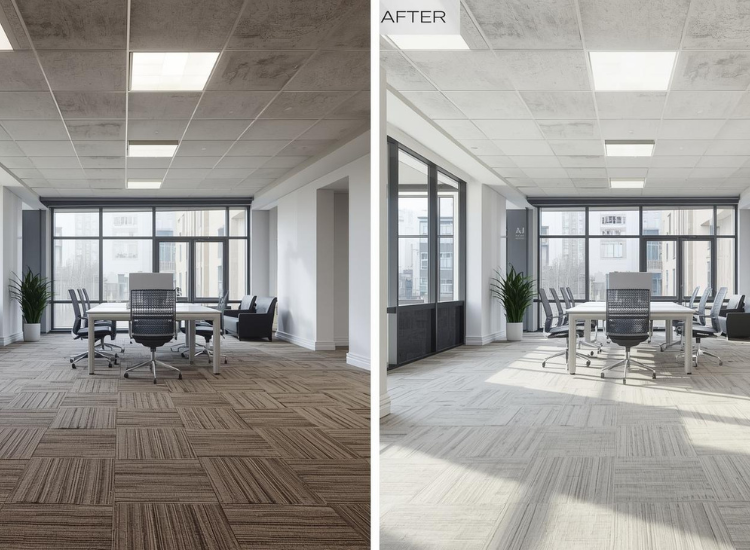 Split view of a renovated office floor.