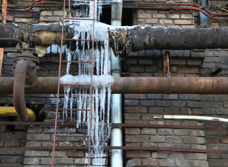 Frozen pipes covered in ice on a brick building