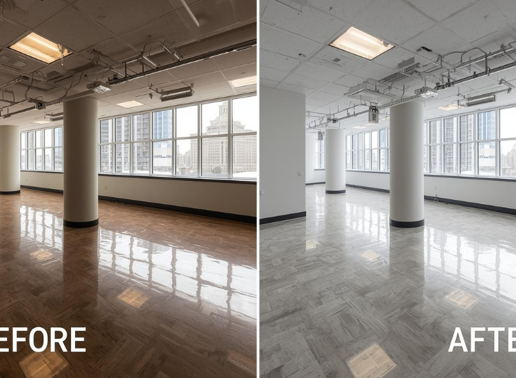 Before and after of an office floor restoration.