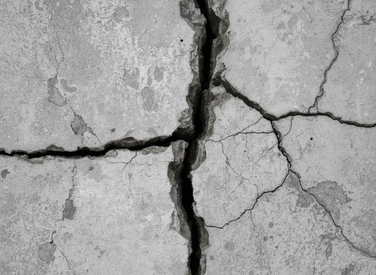 Deep, severe cracks in a concrete surface.