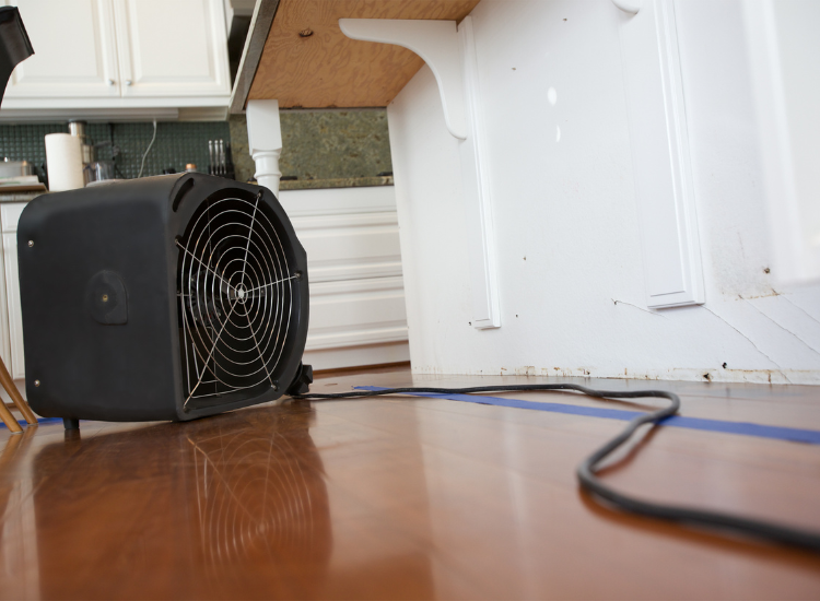 Air mover fan placed on a wet wood floor.