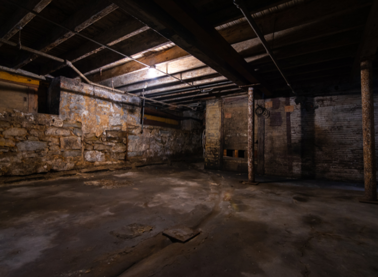 Dark and empty old stone basement.
